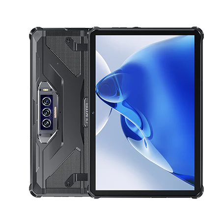 Front and rear view of Oukitel RT7 rugged tablet with reinforced protective frame on white background
