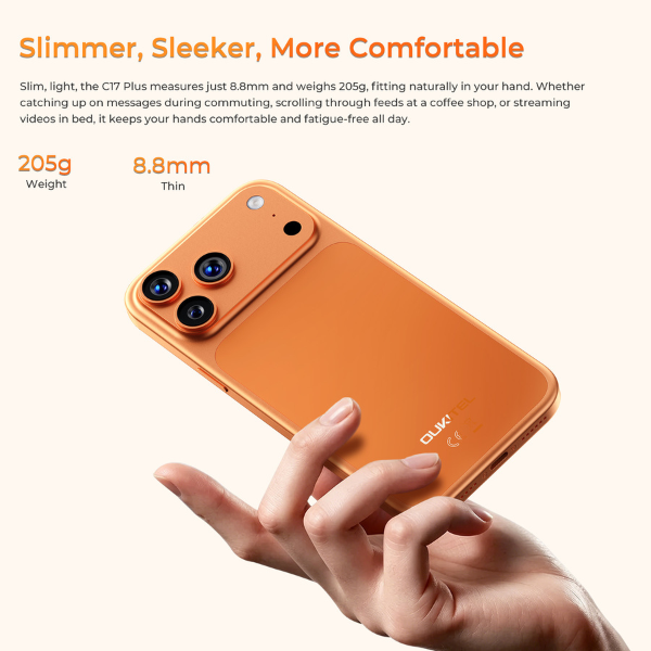 Slim orange Oukitel C17 Plus smartphone with lightweight 8.8mm design