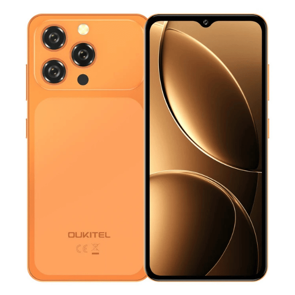 Oukitel C17 Plus orange smartphone shown from the front and rear, featuring a large display and triple rear camera design on a white background.