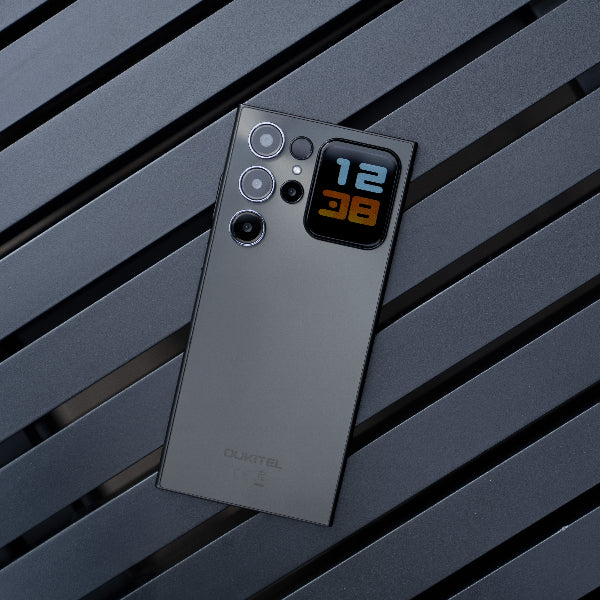 Oukitel C62 Pro smartphone with rear digital display on wooden surface