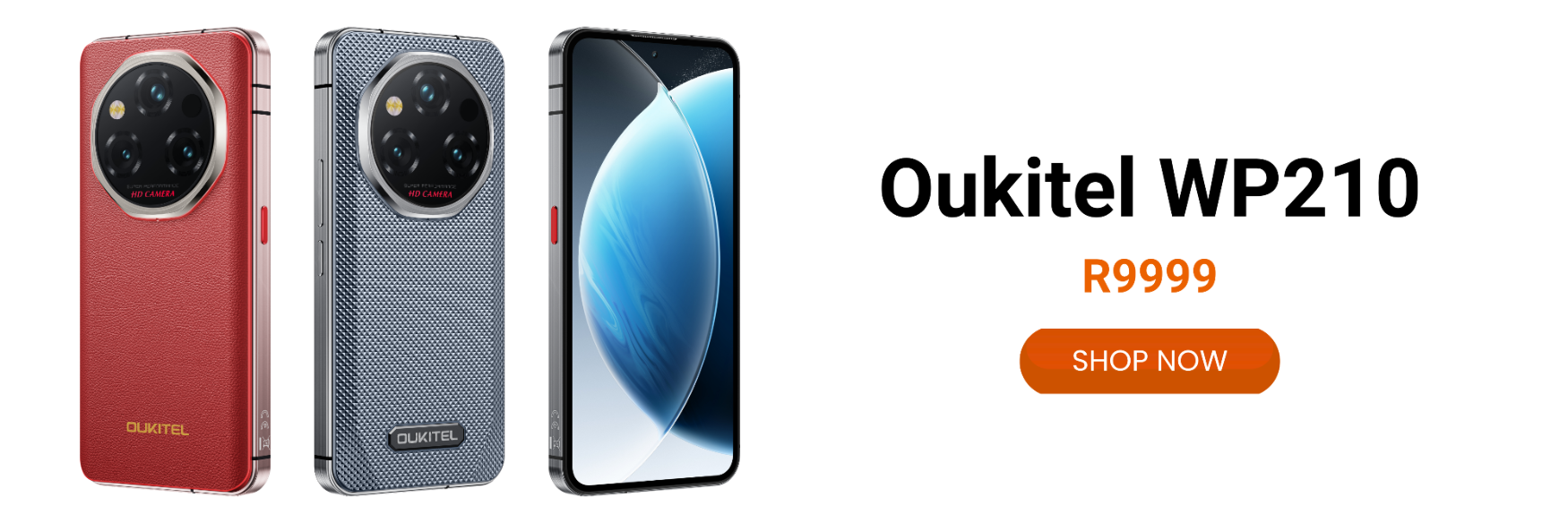 Oukitel WP210 smartphone with red and gray cases on a white background