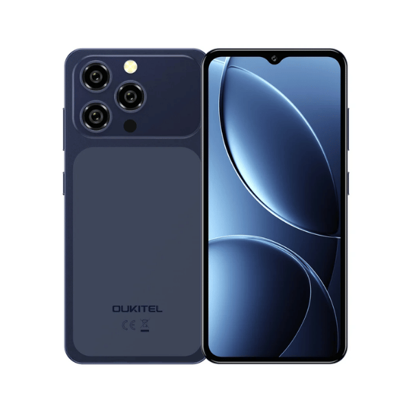 Oukitel C17 Plus blue smartphone shown from the front and rear, featuring a large display and triple rear camera design on a white background.