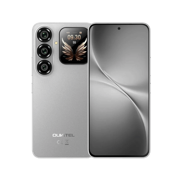 A grey Oukitel P2 Plus smartphone shown from both the rear and front angles against a solid white background.
