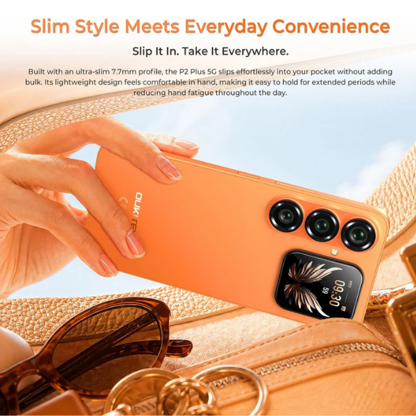 Slim 7.7mm orange Oukitel P2 Plus 5G smartphone with rear secondary display