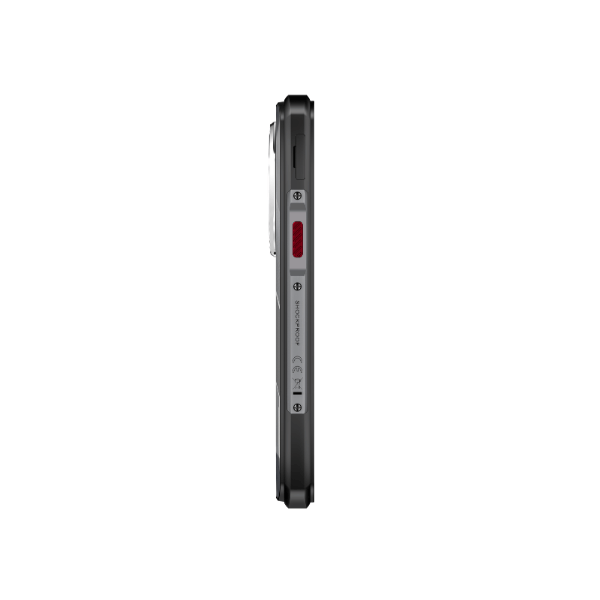 Side profile of the Oukitel WP62 5G rugged phone with a red power button and silver metal accents on a white background. 
