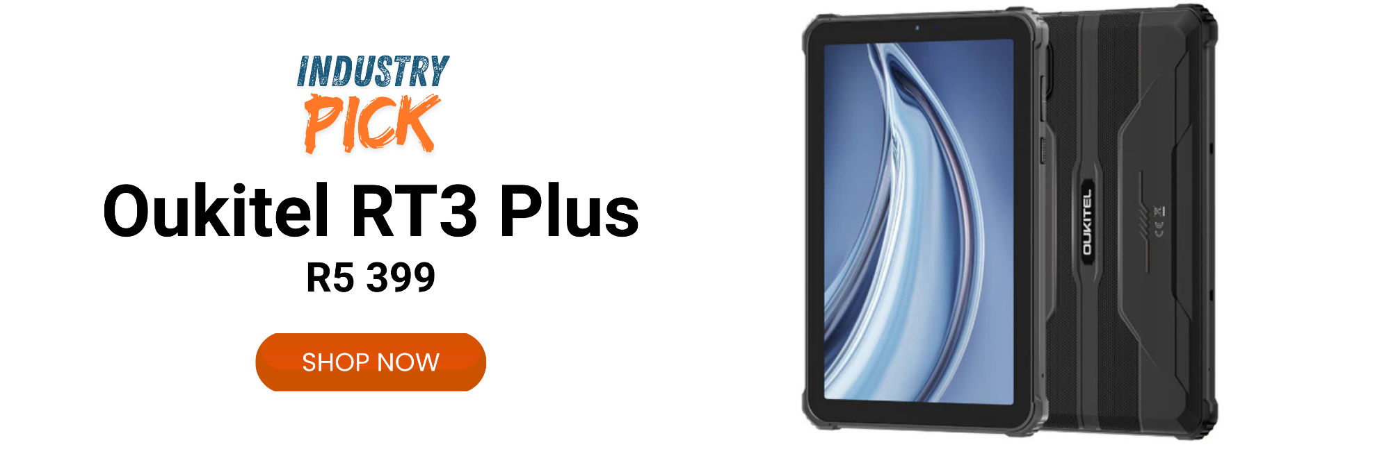 Oukitel RT3 Plus tablet with protective case on a white background, featuring 'Industry Pick' and 'Shop Now' buttons.