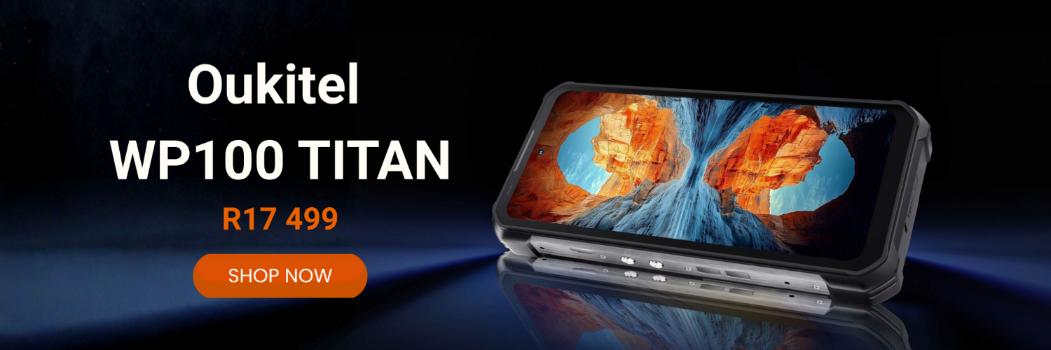 Oukitel WP100 Titan phone with a scenic display on a dark background