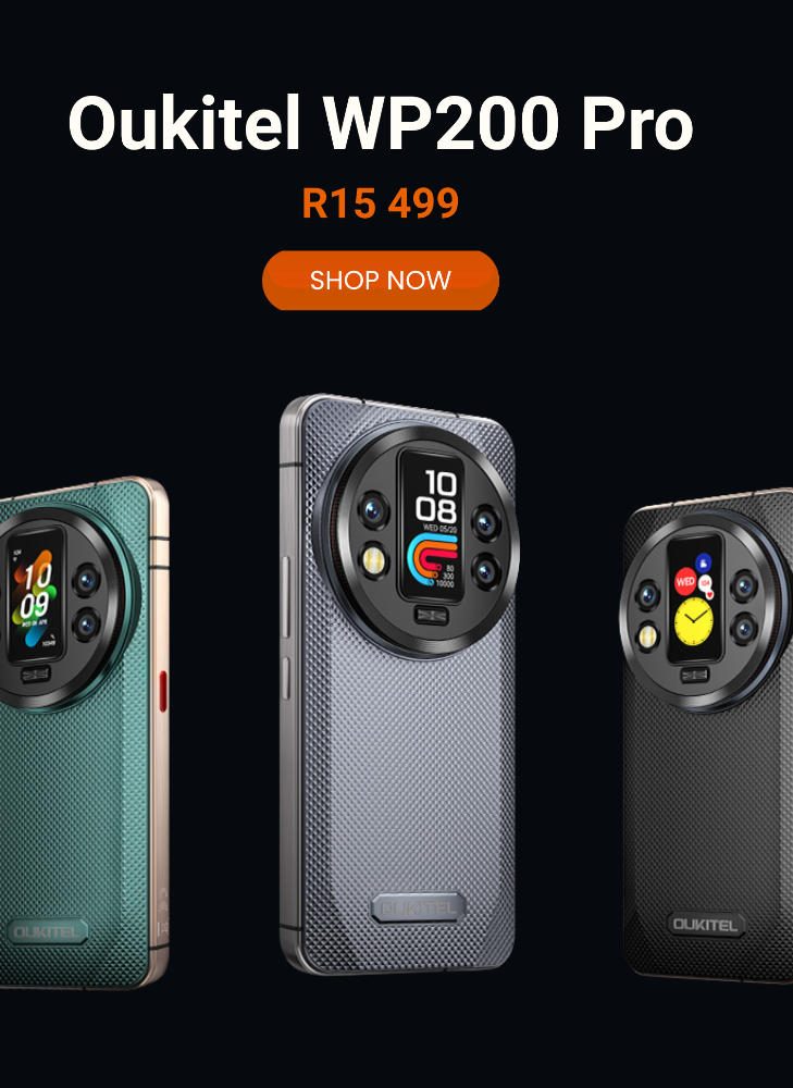 Oukitel WP200 Pro smartphones in different colors with a 'Shop Now' button on a black background.