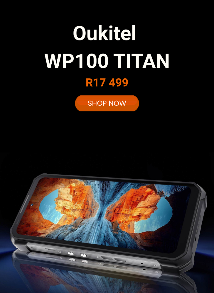 Oukitel WP100 TITAN phone case with a scenic display on a black background