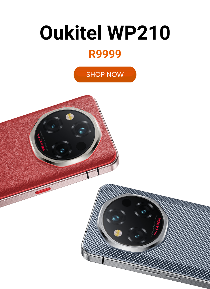 Two Oukitel WP210 smartphones, one red and one silver, with a 'Shop Now' button on a white background.