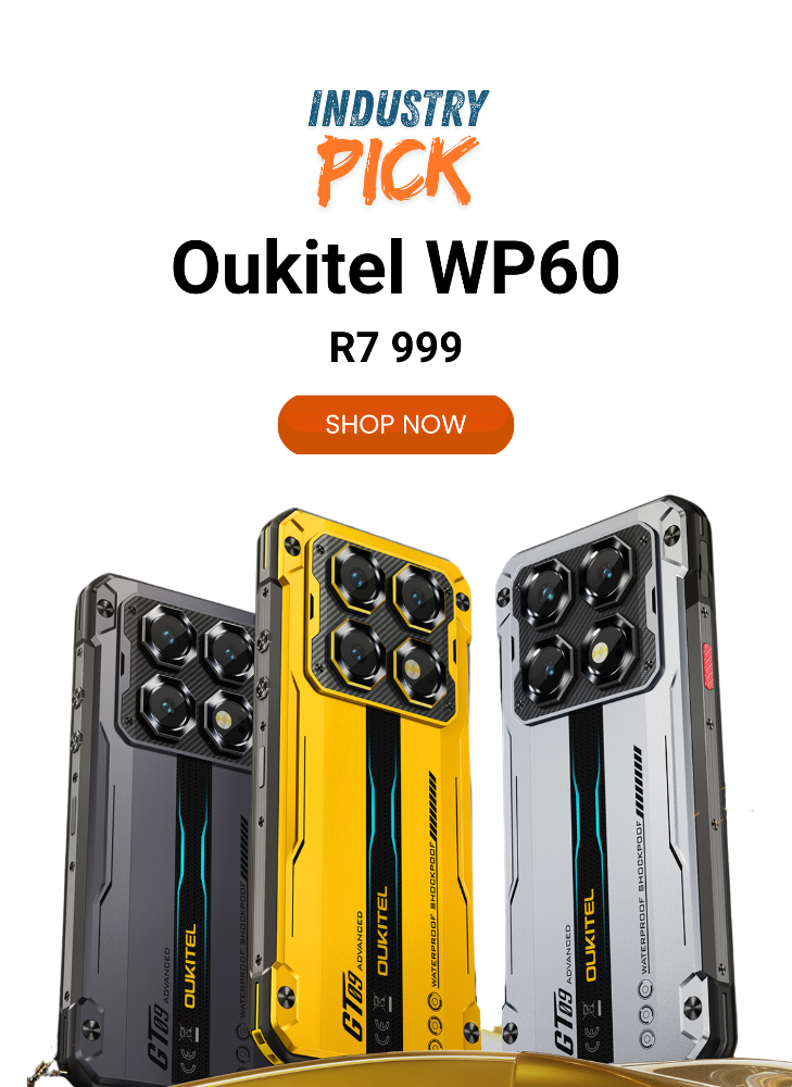 Oukitel WP60 phone with three color options on a white background, labeled 'Industry Pick' and 'Shop Now'.